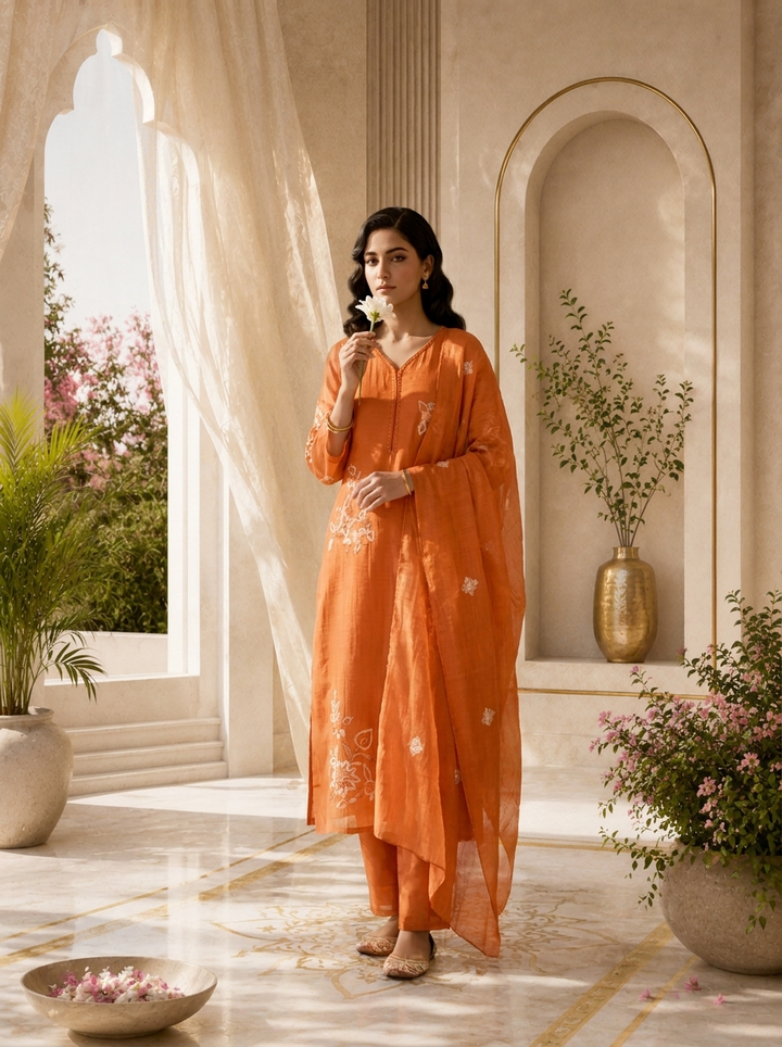 Orange Beads And Thread Embroidery Chanderi Three Piece Set