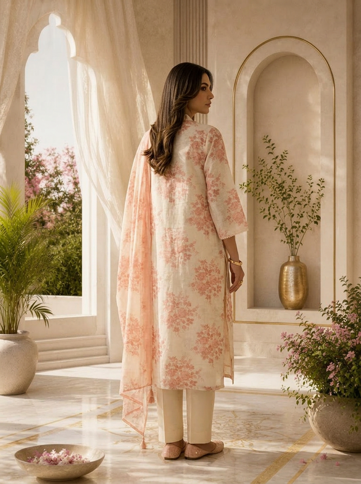 Peach Linen Printed Three Piece Set