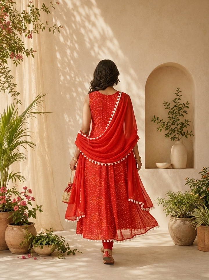Red Georgette  Bandhani Printed And Mirror Embroidery Three Piece Set