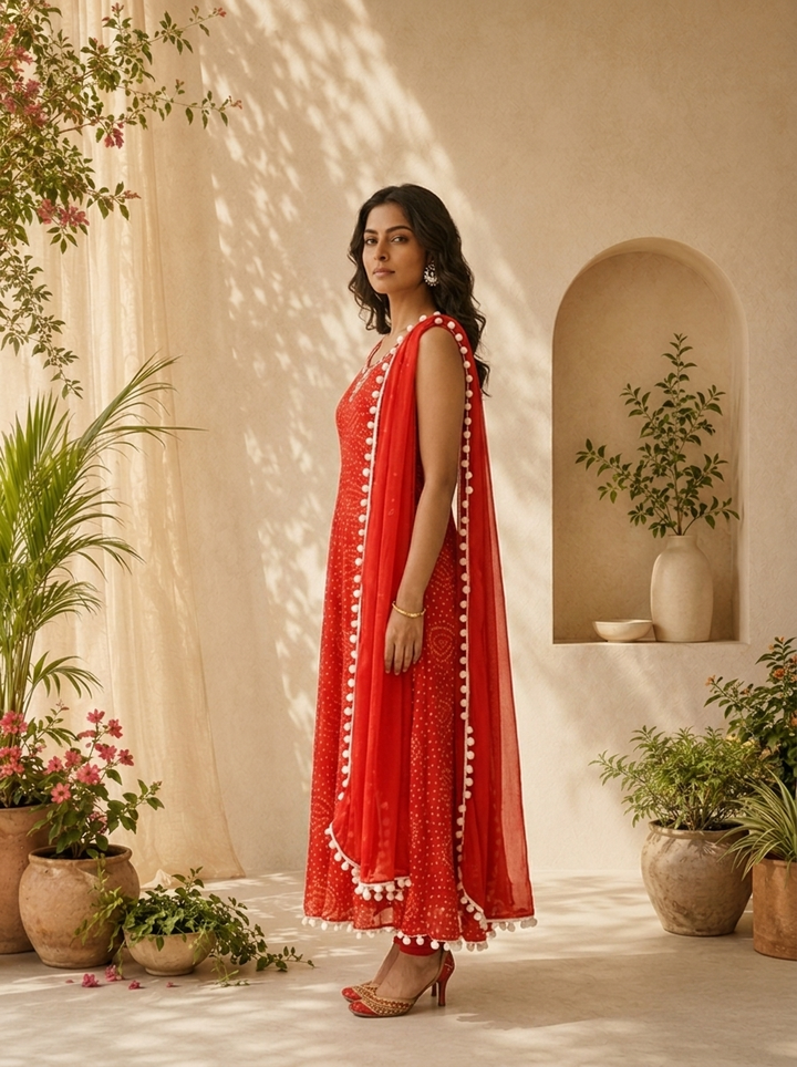 Red Georgette  Bandhani Printed And Mirror Embroidery Three Piece Set