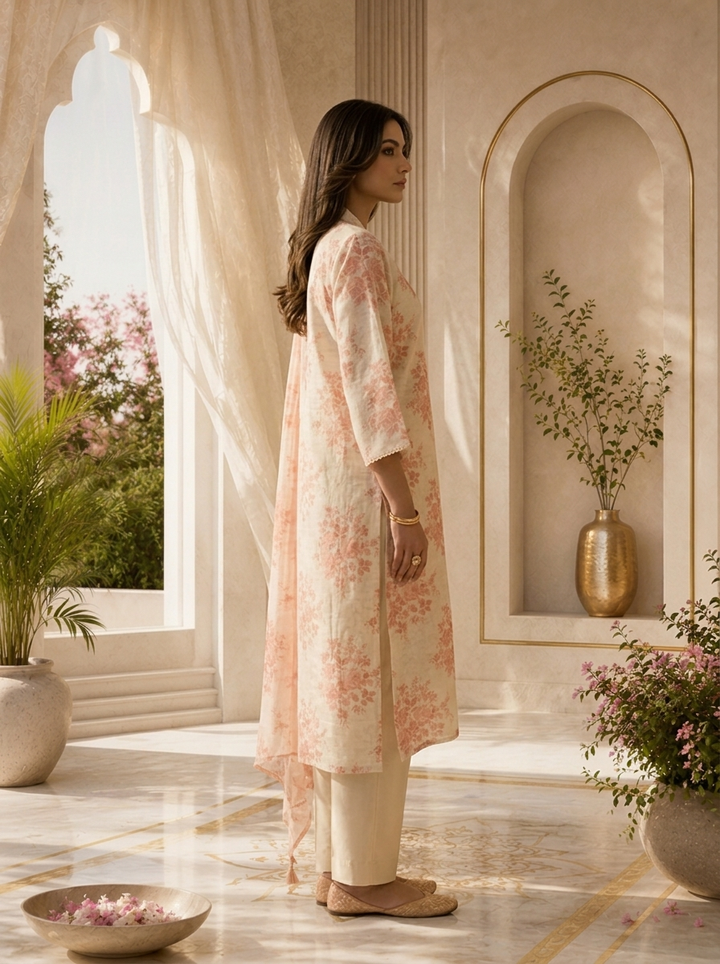 Peach Linen Printed Three Piece Set