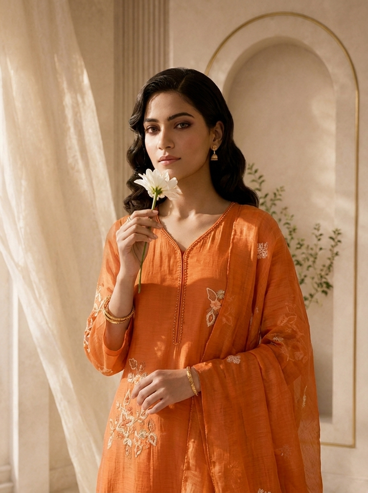 Orange Beads And Thread Embroidery Chanderi Three Piece Set