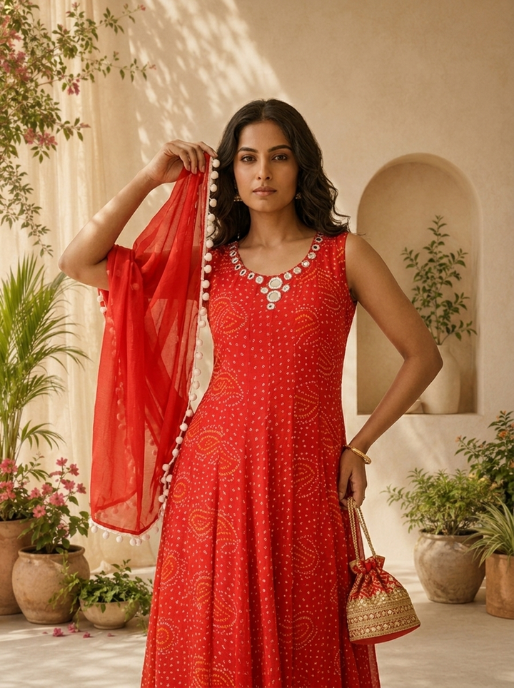 Red Georgette  Bandhani Printed And Mirror Embroidery Three Piece Set