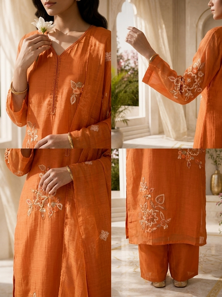 Orange Beads And Thread Embroidery Chanderi Three Piece Set