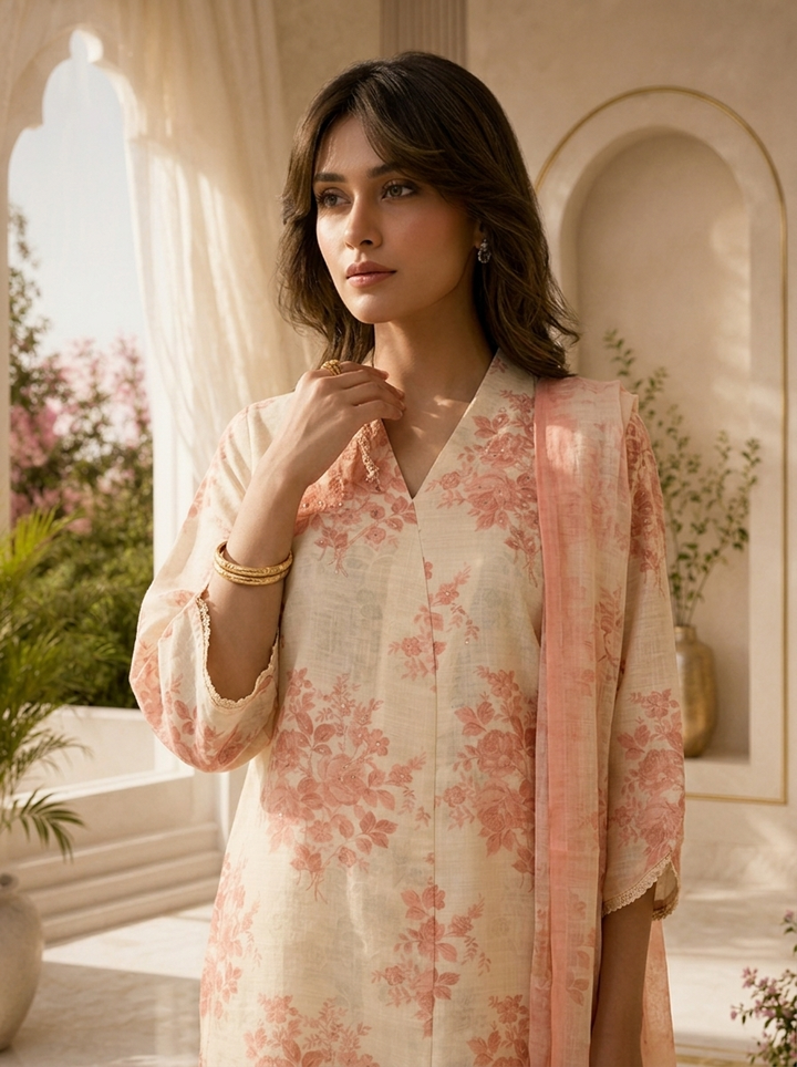 Peach Linen Printed Three Piece Set