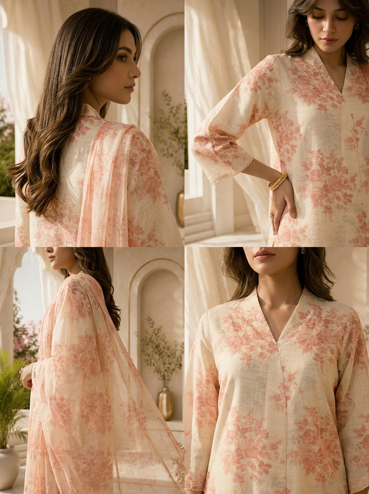 Peach Linen Printed Three Piece Set