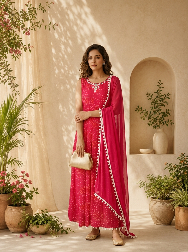 Magenta Georgette  Bandani Printed And Mirror Embroidery Three Piece Set