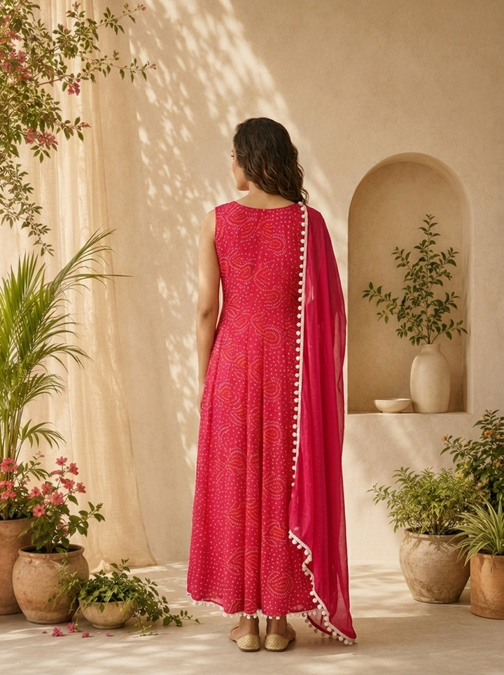 Magenta Georgette  Bandani Printed And Mirror Embroidery Three Piece Set