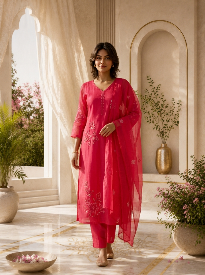 Magenta Beads And Thread Embroidery Chanderi Three Piece Set
