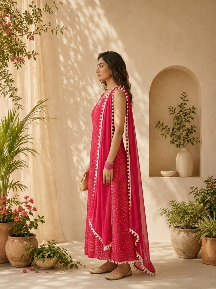 Magenta Georgette  Bandani Printed And Mirror Embroidery Three Piece Set