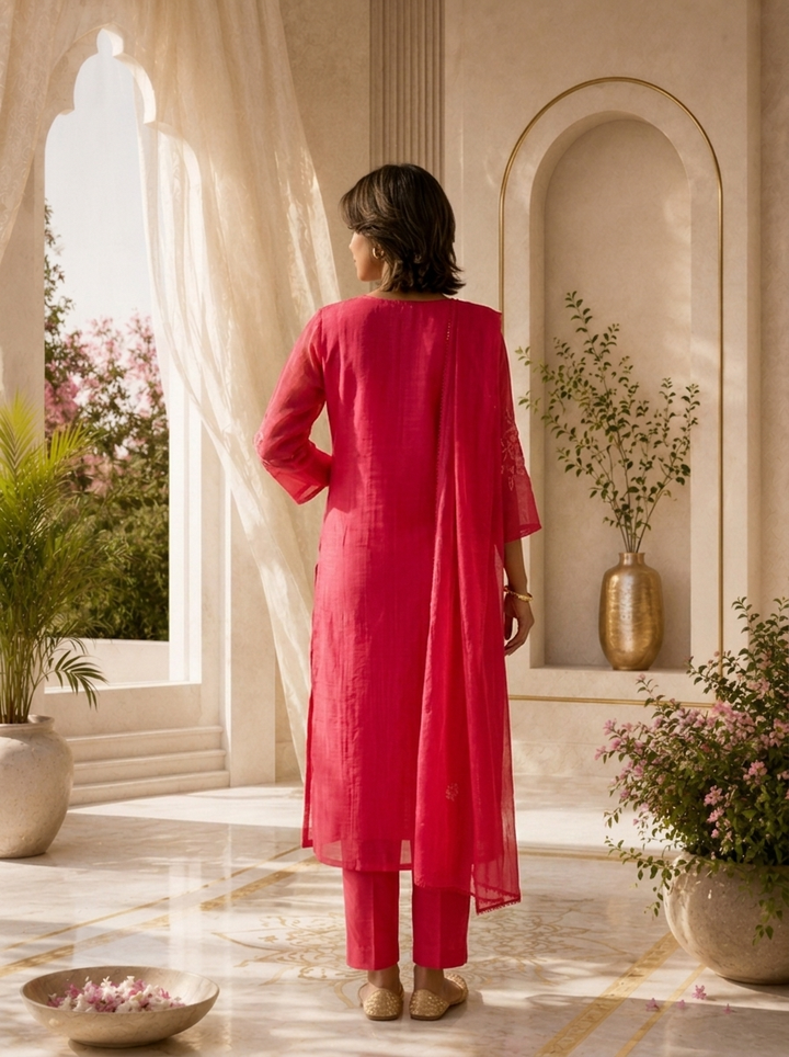 Magenta Beads And Thread Embroidery Chanderi Three Piece Set