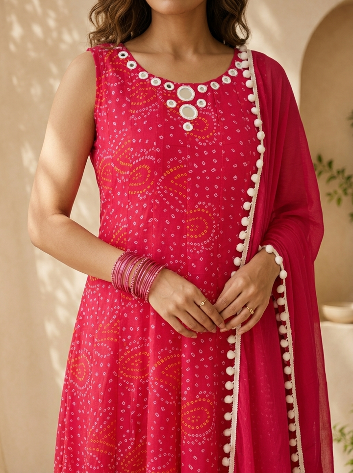 Magenta Georgette  Bandani Printed And Mirror Embroidery Three Piece Set