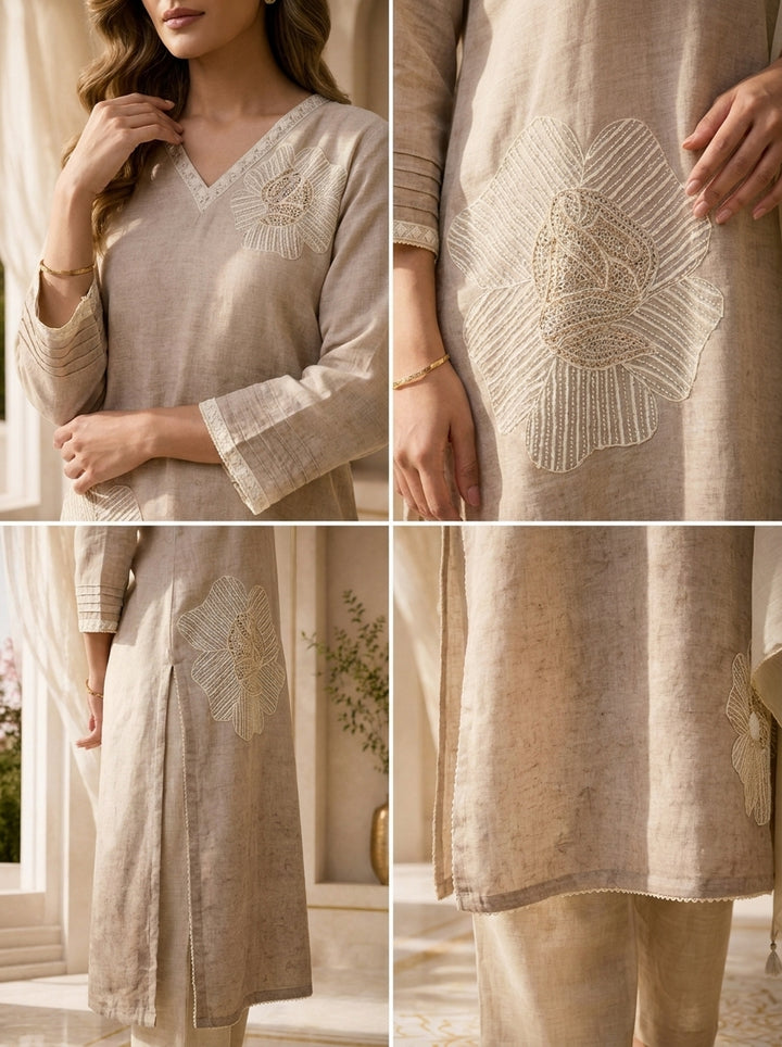 Beige Linen Floral Patch Embroidered Three Piece Set