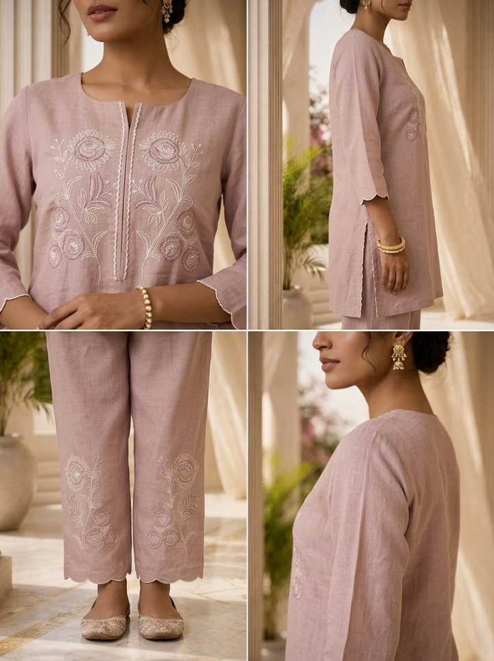 Baby Pink Floral Thread Embroidery Linen Two Piece Set