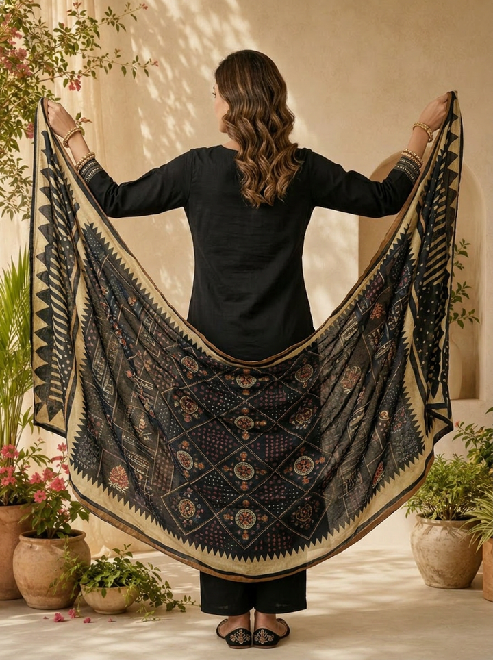Black Cotton Beads And Patch Embroidery Three Piece Set