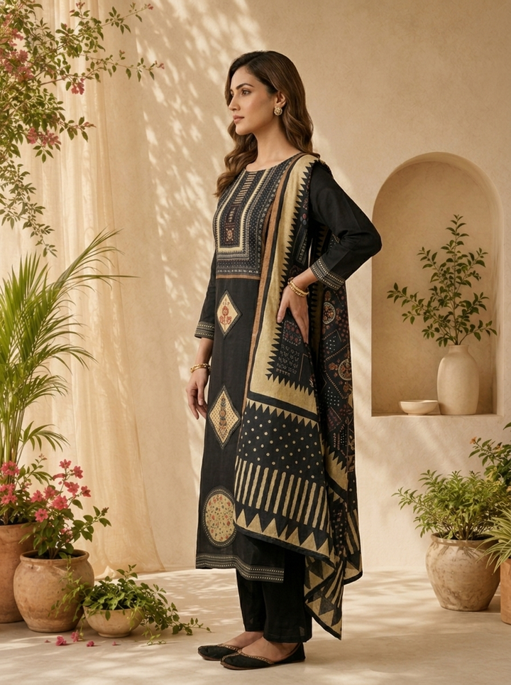 Black Cotton Beads And Patch Embroidery Three Piece Set