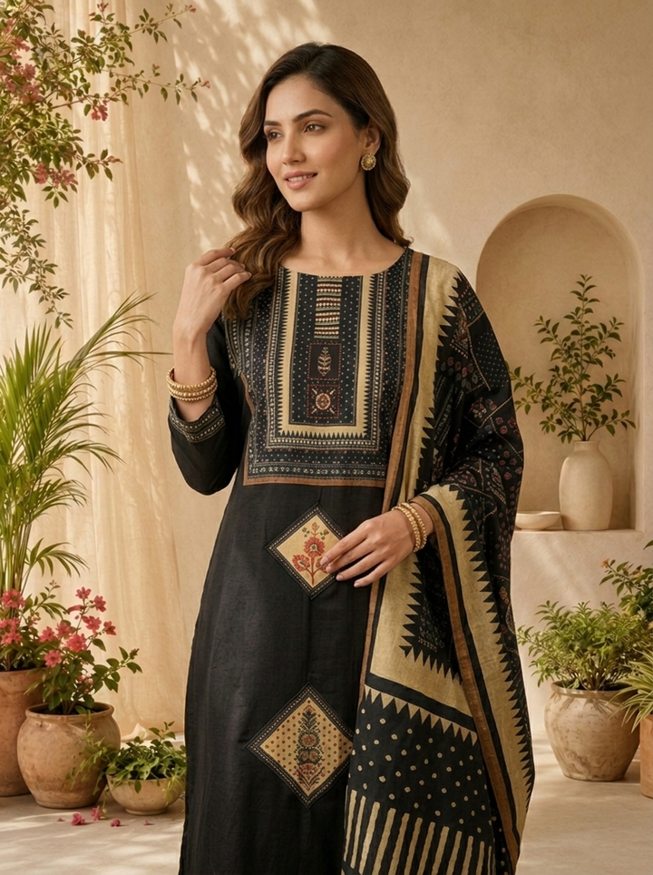 Black Cotton Beads And Patch Embroidery Three Piece Set