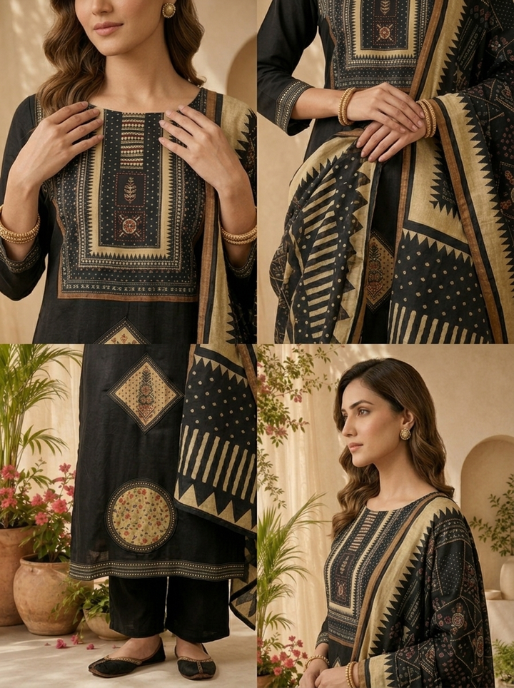 Black Cotton Beads And Patch Embroidery Three Piece Set