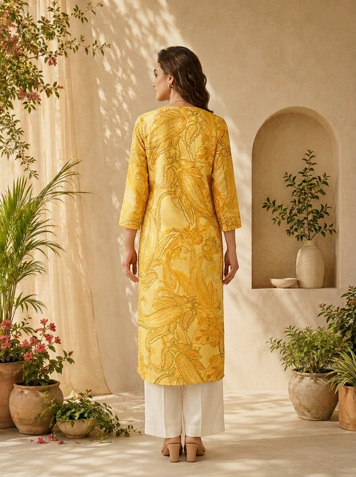 Yellow Cotton Heavy Paisley Printed Kurta