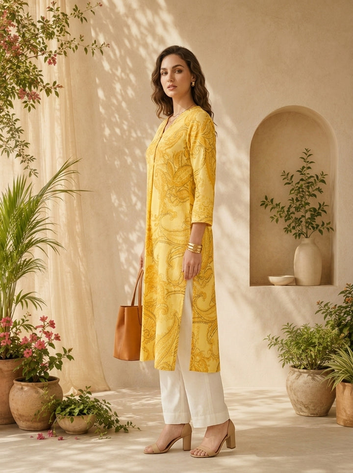 Yellow Cotton Heavy Paisley Printed Kurta
