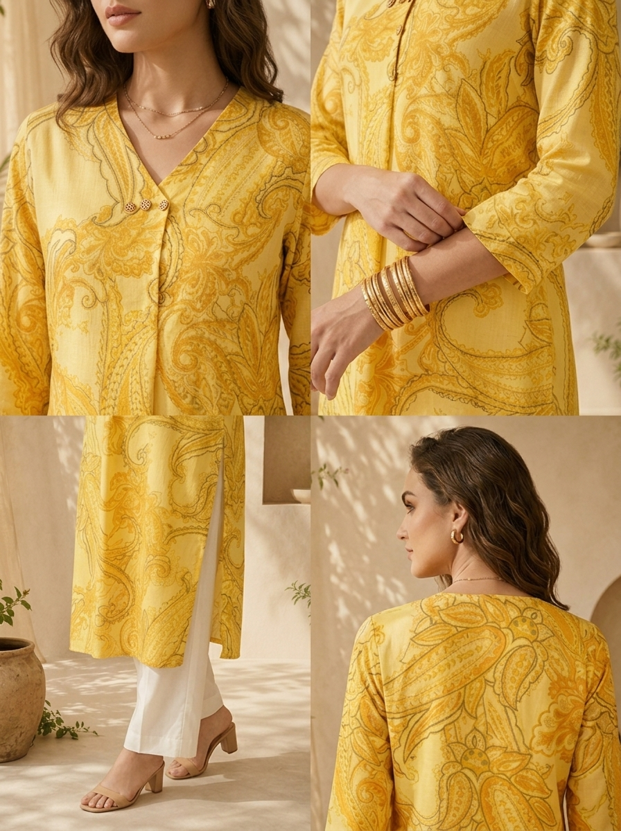 Yellow Cotton Heavy Paisley Printed Kurta