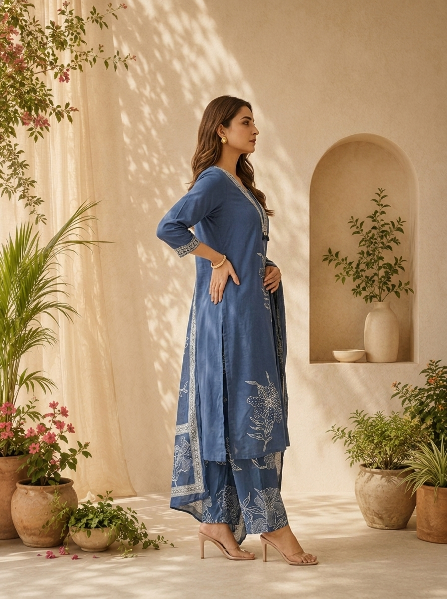 Blue Floral Thread Embroidery And Patch Embroidery Cotton Three Piece Set