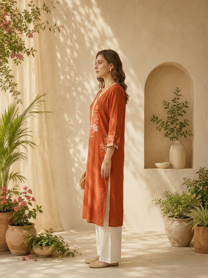 Burnt Orange Solid Design And Floral Thread Embroidery Kurta