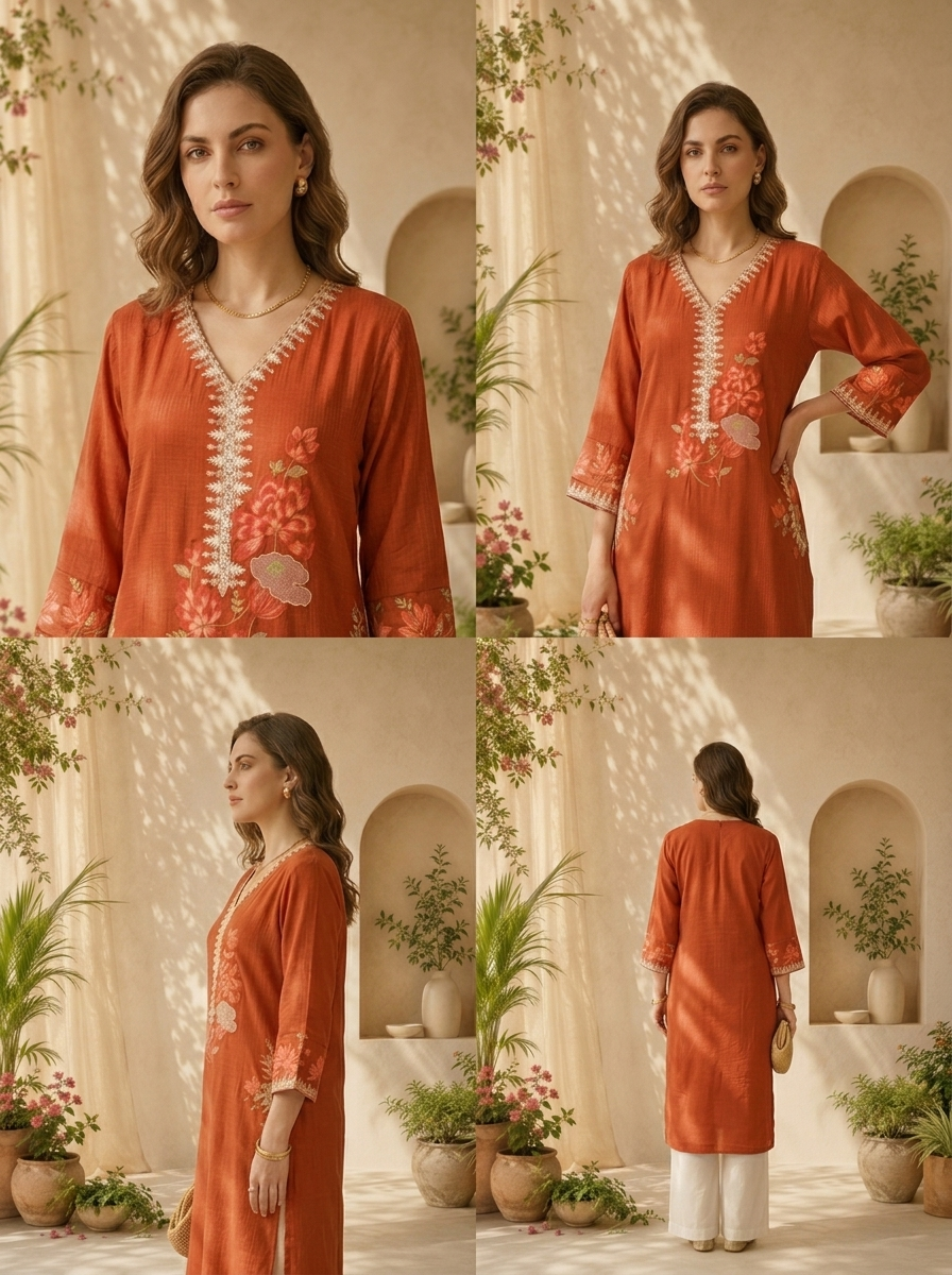 Burnt Orange Solid Design And Floral Thread Embroidery Kurta
