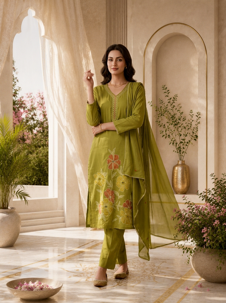 Mehadi Green Mirror And Patch Embroidered Cotton Three Piece Set