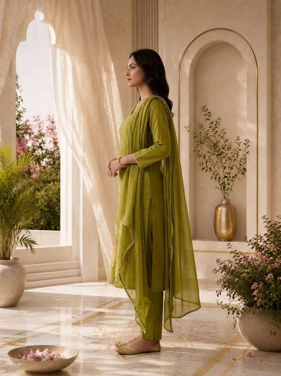 Mehadi Green Mirror And Patch Embroidered Cotton Three Piece Set