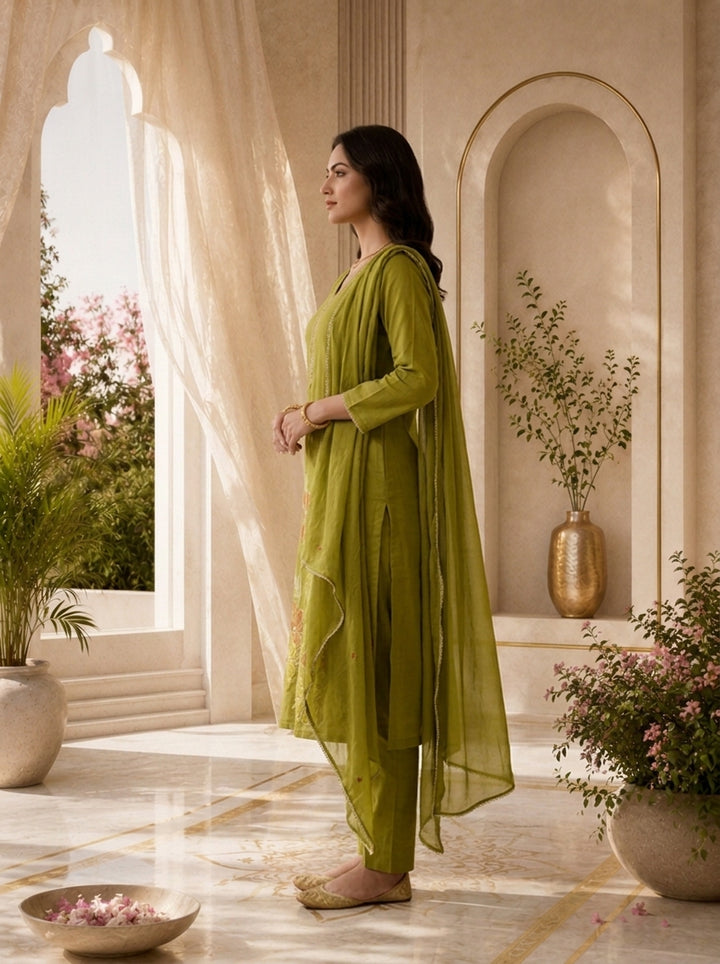Mehadi Green Mirror And Patch Embroidered Cotton Three Piece Set