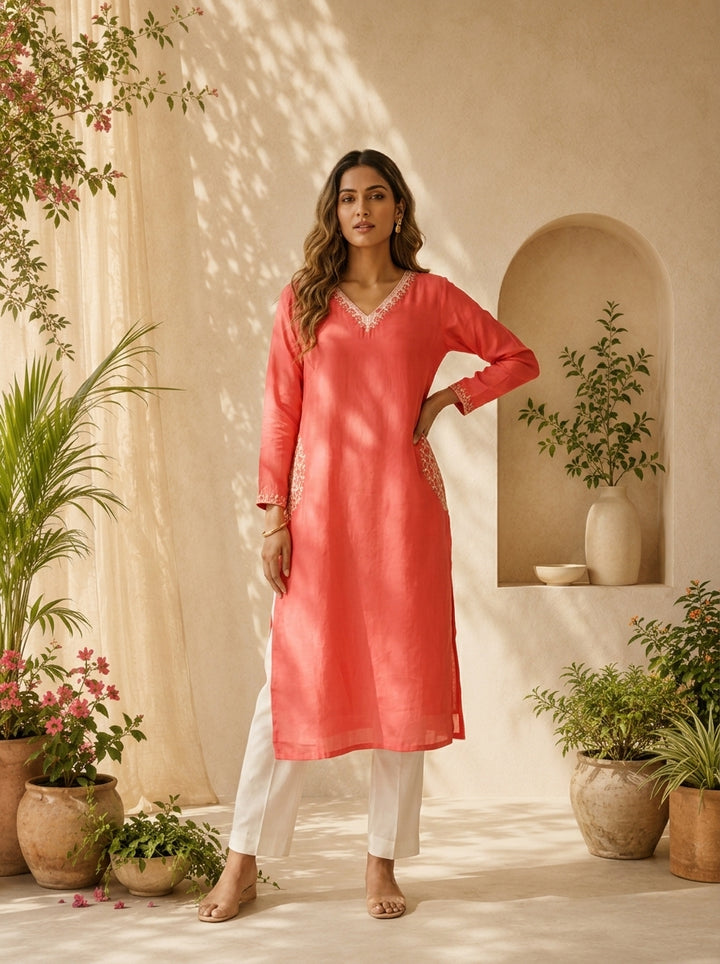 Tomato Modal Hand Thread Embroidery Kurta
