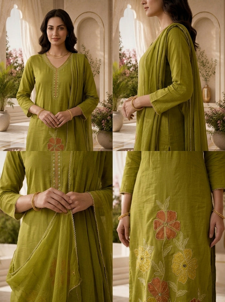 Mehadi Green Mirror And Patch Embroidered Cotton Three Piece Set