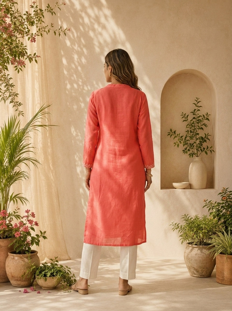 Tomato Modal Hand Thread Embroidery Kurta