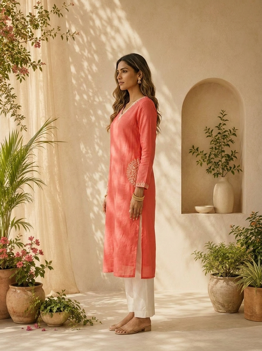 Tomato Modal Hand Thread Embroidery Kurta