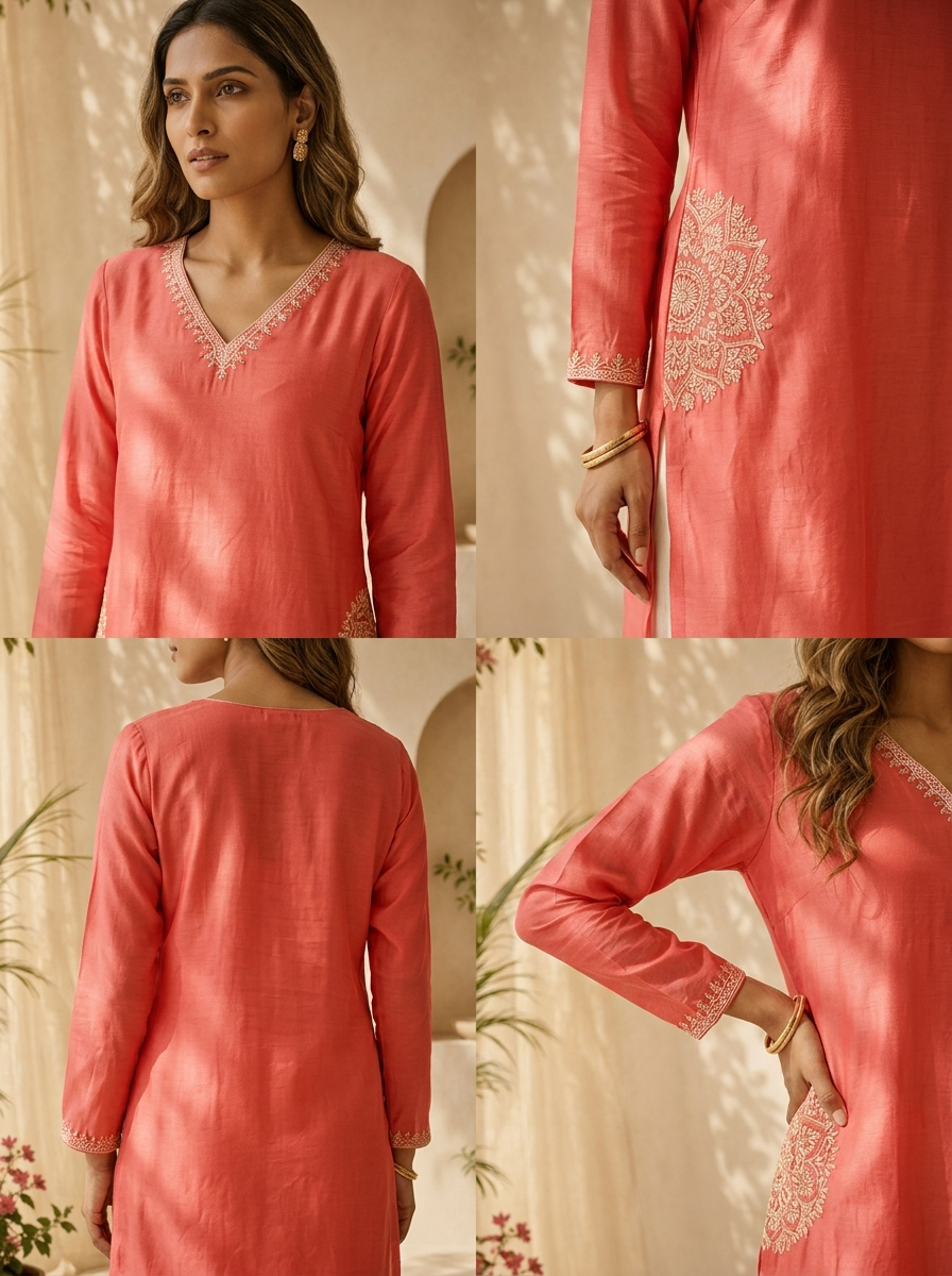 Tomato Modal Hand Thread Embroidery Kurta