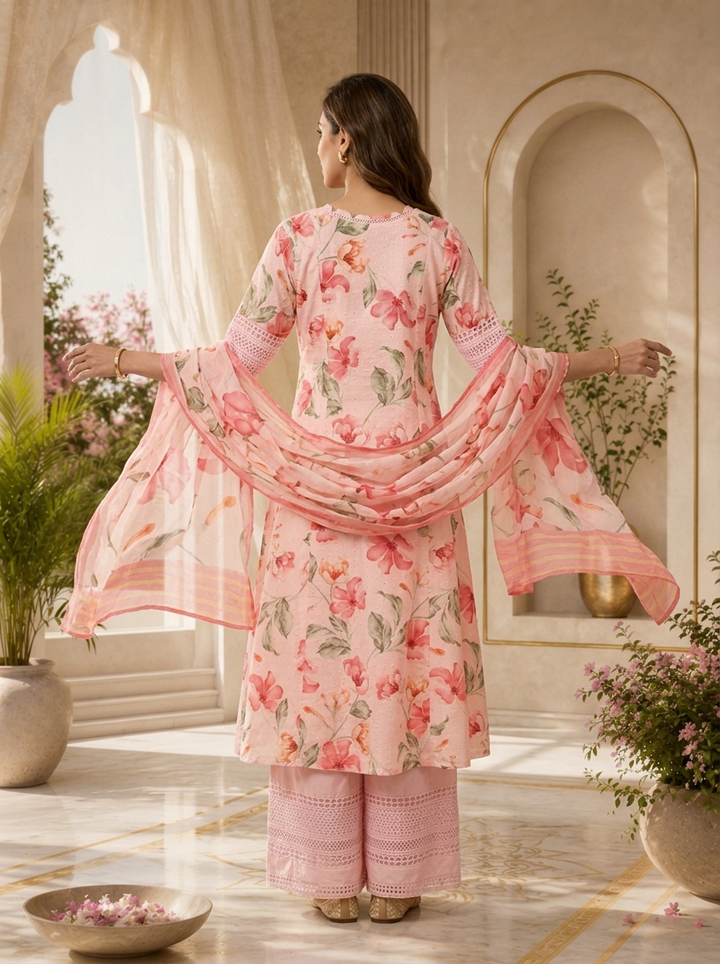 Peach Chikankari Mirror Embroidered And Printed Three Piece Set