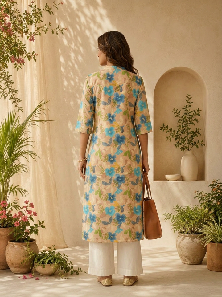 Beige And Ferozi Heavy Floral Printed Silk Kurta