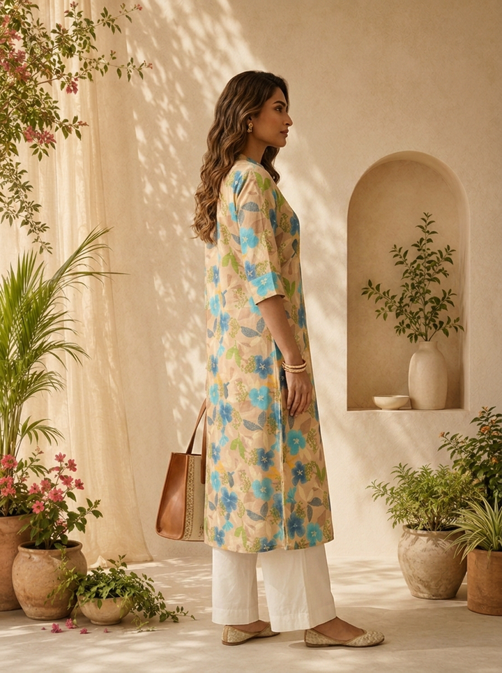 Beige And Ferozi Heavy Floral Printed Silk Kurta
