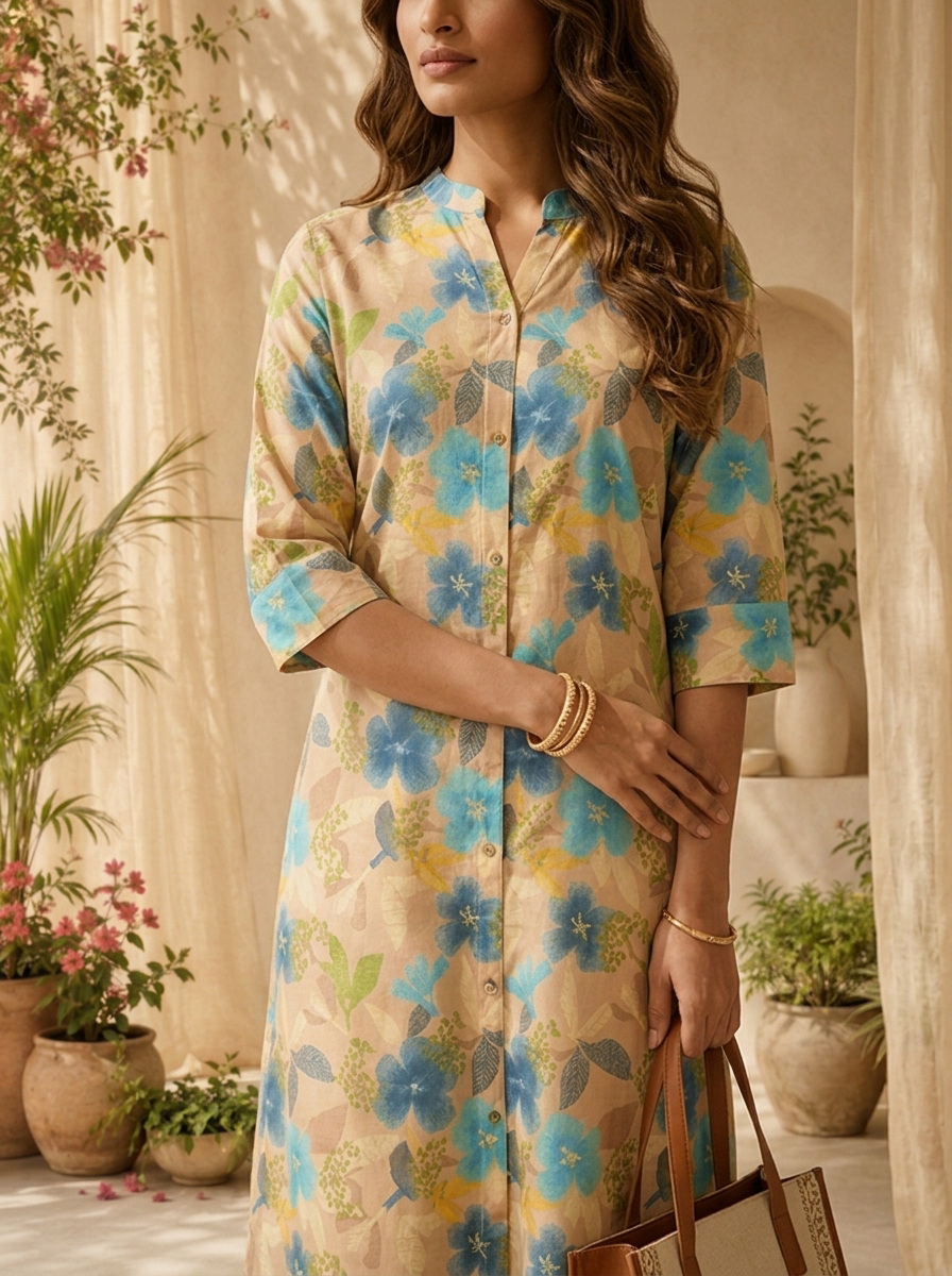 Beige And Ferozi Heavy Floral Printed Silk Kurta
