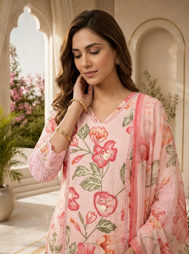 Peach Chikankari Mirror Embroidered And Printed Three Piece Set