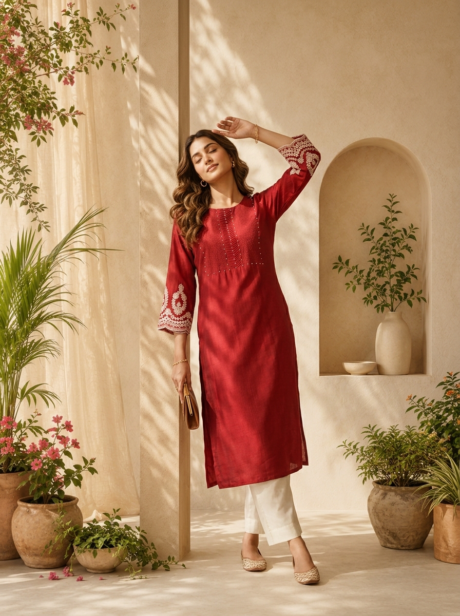 Maroon Silk Pleated And Solid Design Kurta