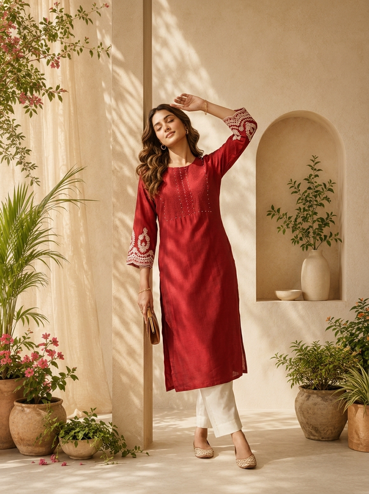 Maroon Silk Pleated And Solid Design Kurta