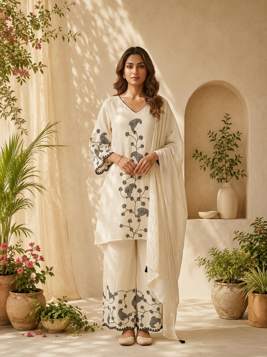 Black Thread Embroidered Cotton Three Piece Set