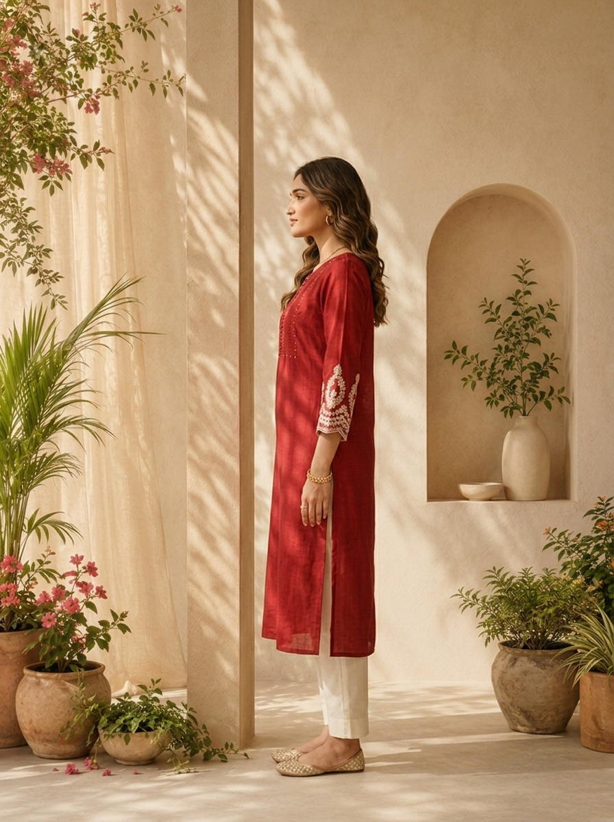 Maroon Silk Pleated And Solid Design Kurta