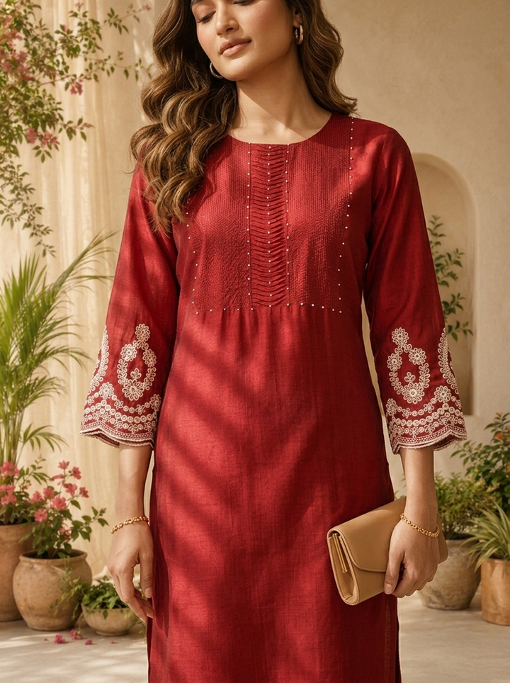 Maroon Silk Pleated And Solid Design Kurta