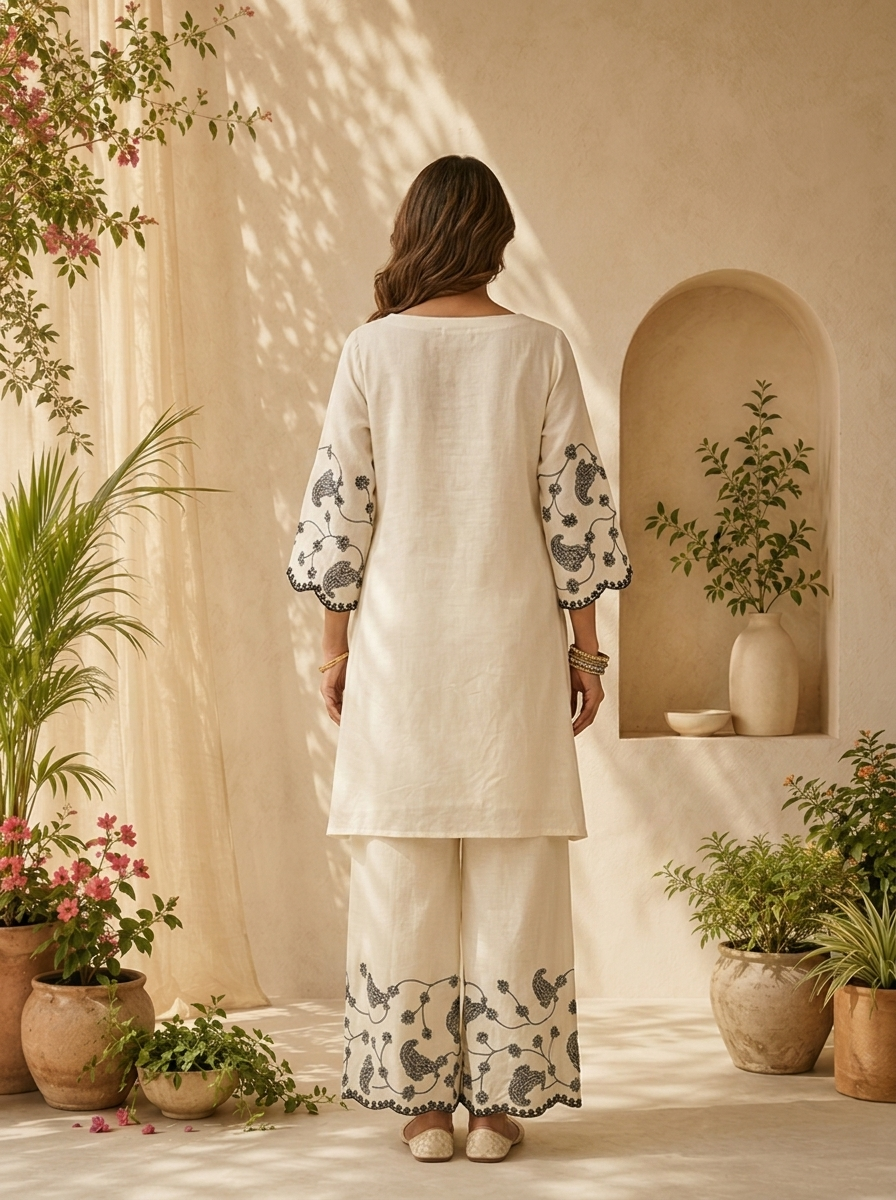 Black Thread Embroidered Cotton Three Piece Set