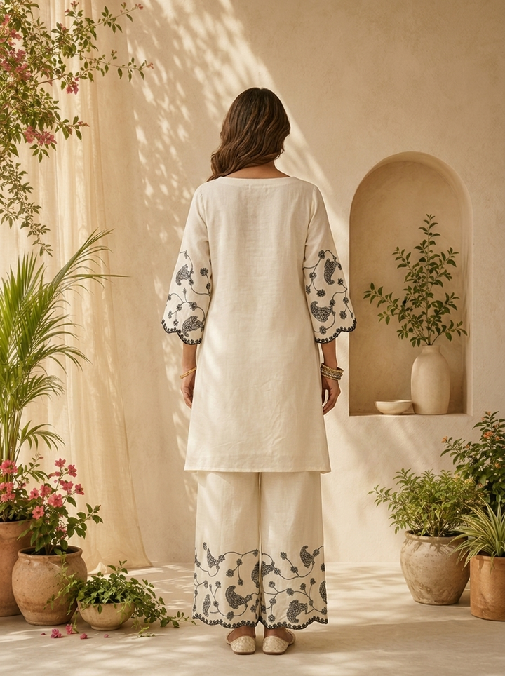 Black Thread Embroidered Cotton Three Piece Set