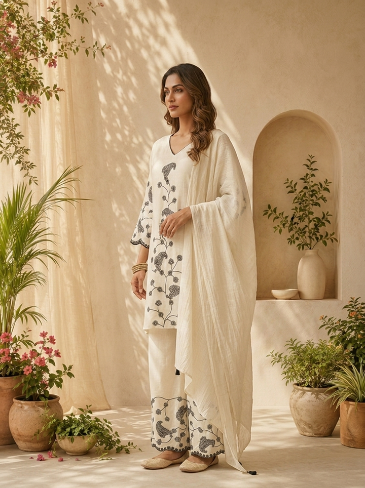Black Thread Embroidered Cotton Three Piece Set