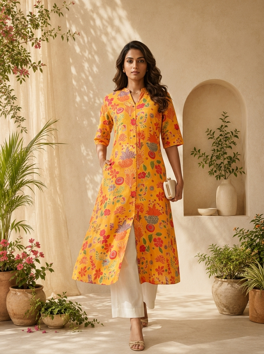 Mustard Modal Printed A-Line Kurta